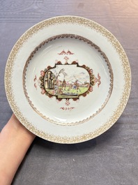 Four Chinese Meissen-style export plates with a hunting scene, Qianlong
