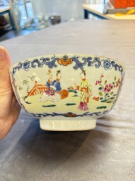 Seven Chinese Imari-style and famille rose bowls with floral and figural designs, 18th C.