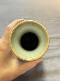 A Chinese flamb&eacute;-glazed cylindrical jardini&egrave;re and two celadon-glazed vases, 19th C.