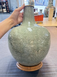 A Chinese celadon-glazed 'lotus scroll' globular vase mounted as lamp, 19th C.
