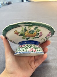 A pair of Chinese famille rose 'mandarin ducks in a lotus pond' Bencharong  tazzas for the Thai market, 19th C.