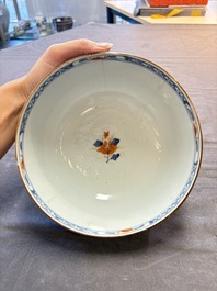 Seven Chinese Imari-style and famille rose bowls with floral and figural designs, 18th C.