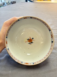 Seven Chinese Imari-style and famille rose bowls with floral and figural designs, 18th C.