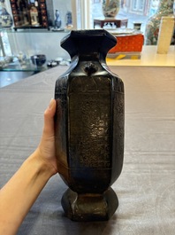 A rare Chinese hexagonal archaistic bronze vase with flame design, Song/Yuan