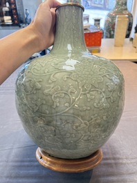 A Chinese celadon-glazed 'lotus scroll' globular vase mounted as lamp, 19th C.