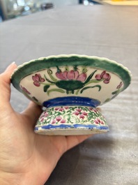 A pair of Chinese famille rose 'mandarin ducks in a lotus pond' Bencharong  tazzas for the Thai market, 19th C.