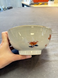 Seven Chinese Imari-style and famille rose bowls with floral and figural designs, 18th C.