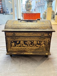 A Flemish gilt-tooled leather casket with hunting scenes, probably Antwerp, early 17th C.