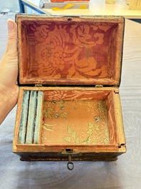 A Flemish gilt-tooled leather casket with hunting scenes, probably Antwerp, early 17th C.