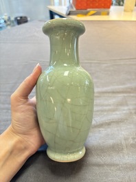 A Chinese flamb&eacute;-glazed cylindrical jardini&egrave;re and two celadon-glazed vases, 19th C.