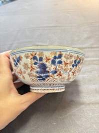 Seven Chinese Imari-style and famille rose bowls with floral and figural designs, 18th C.