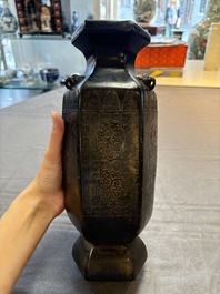 A rare Chinese hexagonal archaistic bronze vase with flame design, Song/Yuan