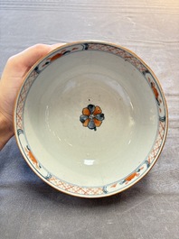 Seven Chinese Imari-style and famille rose bowls with floral and figural designs, 18th C.