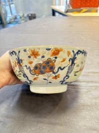 Seven Chinese Imari-style and famille rose bowls with floral and figural designs, 18th C.