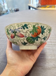 Seven Chinese famille rose bowls with floral design, various marks, 19/20th C.