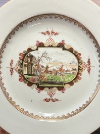 Four Chinese Meissen-style export plates with a hunting scene, Qianlong
