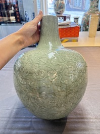 A Chinese celadon-glazed 'lotus scroll' globular vase mounted as lamp, 19th C.