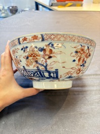 Seven Chinese Imari-style and famille rose bowls with floral and figural designs, 18th C.