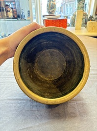 A Chinese bronze cylindrical censer with relief dragon design, Xuande mark, 18/19th C.