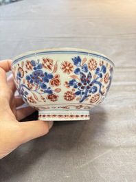 Seven Chinese Imari-style and famille rose bowls with floral and figural designs, 18th C.