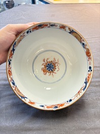 Seven Chinese Imari-style and famille rose bowls with floral and figural designs, 18th C.