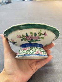 A pair of Chinese famille rose 'mandarin ducks in a lotus pond' Bencharong  tazzas for the Thai market, 19th C.