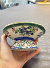 A pair of Chinese famille rose 'mandarin ducks in a lotus pond' Bencharong  tazzas for the Thai market, 19th C.