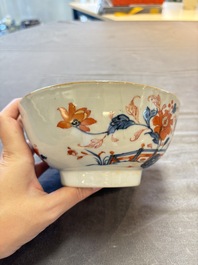 Seven Chinese Imari-style and famille rose bowls with floral and figural designs, 18th C.