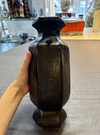 A rare Chinese hexagonal archaistic bronze vase with flame design, Song/Yuan