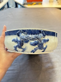 A set of two Chinese blue and white armorial dishes, a stand, and a tureen with the arms of Hughes for the English market, Qianlong, ca. 1790
