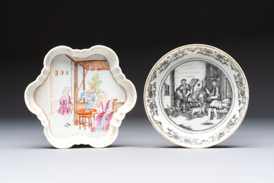 A Chinese famille rose 'card-players' plate, a pattipan and a grisaille saucer, Qianlong