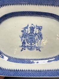 A set of two Chinese blue and white armorial dishes, a stand, and a tureen with the arms of Hughes for the English market, Qianlong, ca. 1790