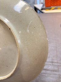 Three Chinese famille rose dishes, two plates and a saucer, various marks, 19th C.