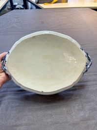 A set of two Chinese blue and white armorial dishes, a stand, and a tureen with the arms of Hughes for the English market, Qianlong, ca. 1790