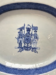 A set of two Chinese blue and white armorial dishes, a stand, and a tureen with the arms of Hughes for the English market, Qianlong, ca. 1790