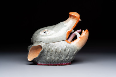 A rare Chinese famille rose 'boar head' tureen and cover, Qianlong