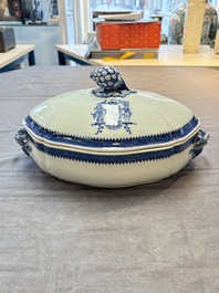 A set of two Chinese blue and white armorial dishes, a stand, and a tureen with the arms of Hughes for the English market, Qianlong, ca. 1790