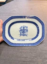 A set of two Chinese blue and white armorial dishes, a stand, and a tureen with the arms of Hughes for the English market, Qianlong, ca. 1790