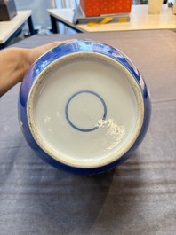 Four Chinese famille rose plates, a blue-glazed vase and a famille verte powder-blue-ground jar, Kangxi and Tongzhi marks, 19th C.