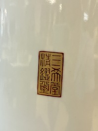 A pair of Chinese grisaille, iron-red and gilt-decorated 'Jin Ling Shi Er Chai 金陵十二釵' vases, Qianlong mark, 20th C.