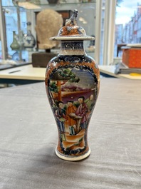 A Chinese famille rose garniture of five 'mandarin subject' vases, Qianlong