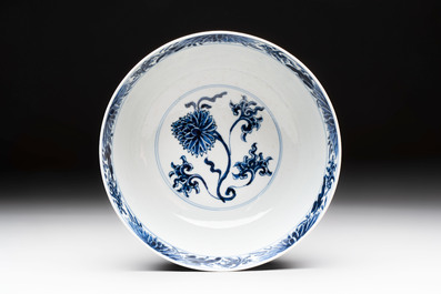 A Chinese blue and white 'lotus scroll' bowl, Xuande mark, Kangxi
