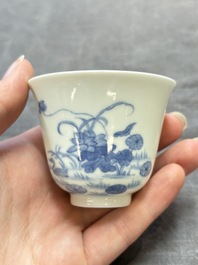 A Chinese blue and white 'mandarin duck and lotus' cup, Kangxi mark, 19th C.