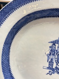 A set of two Chinese blue and white armorial dishes, a stand, and a tureen with the arms of Hughes for the English market, Qianlong, ca. 1790