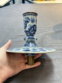A pair of Chinese blue and white two-piece candle stick holders with brocade ball design for the Southeast Asian market, 19th C.
