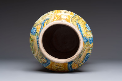 A rare massive Italian maiolica albarello with the arms of Boerio, Angelo and Ludovico Picchi workshop, Casteldurante, ca. 1562-1563
