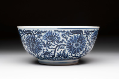 A Chinese blue and white 'lotus scroll' bowl, Xuande mark, Kangxi
