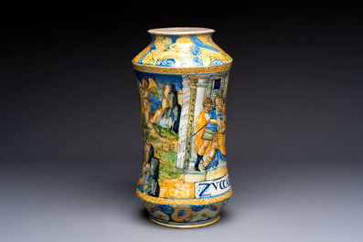 A rare massive Italian maiolica albarello with the arms of Boerio, Angelo and Ludovico Picchi workshop, Casteldurante, ca. 1562-1563