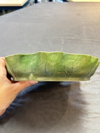 A Chinese green-enamelled lotus leaf-shaped brush washer and a Dehua blanc de Chine Milefo Buddha, 19th C