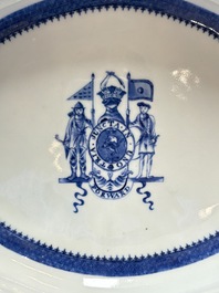 A set of two Chinese blue and white armorial dishes, a stand, and a tureen with the arms of Hughes for the English market, Qianlong, ca. 1790